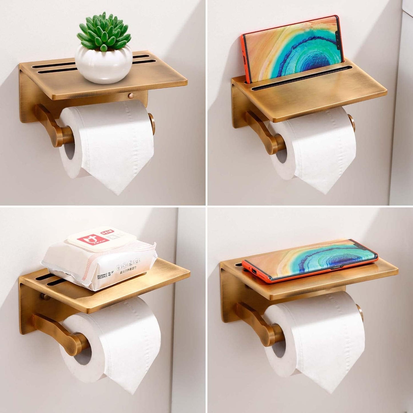 Toilet Paper Holder with Shelf, Aluminum Tissue Roll Dispenser with Mobile Phone Storage Shelf for Bathroom, 3M Self