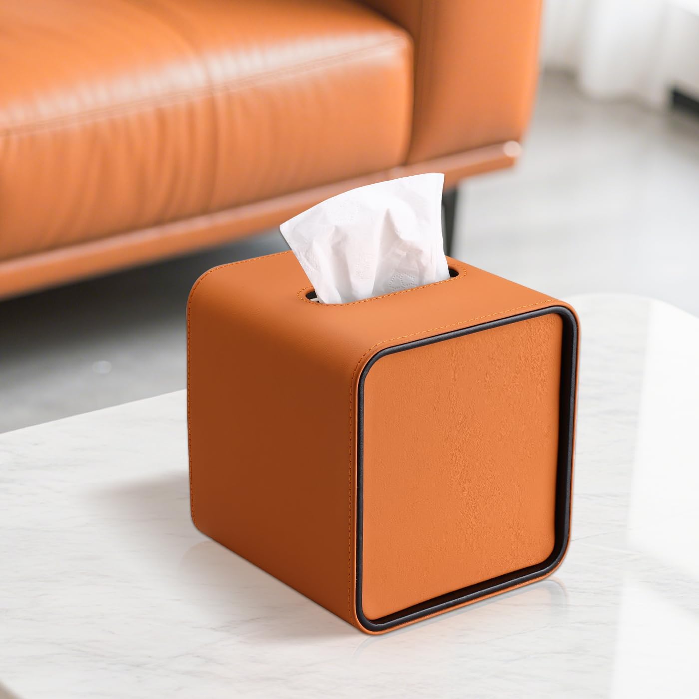 PU Leather Tissue Box Holder / Orange / Square