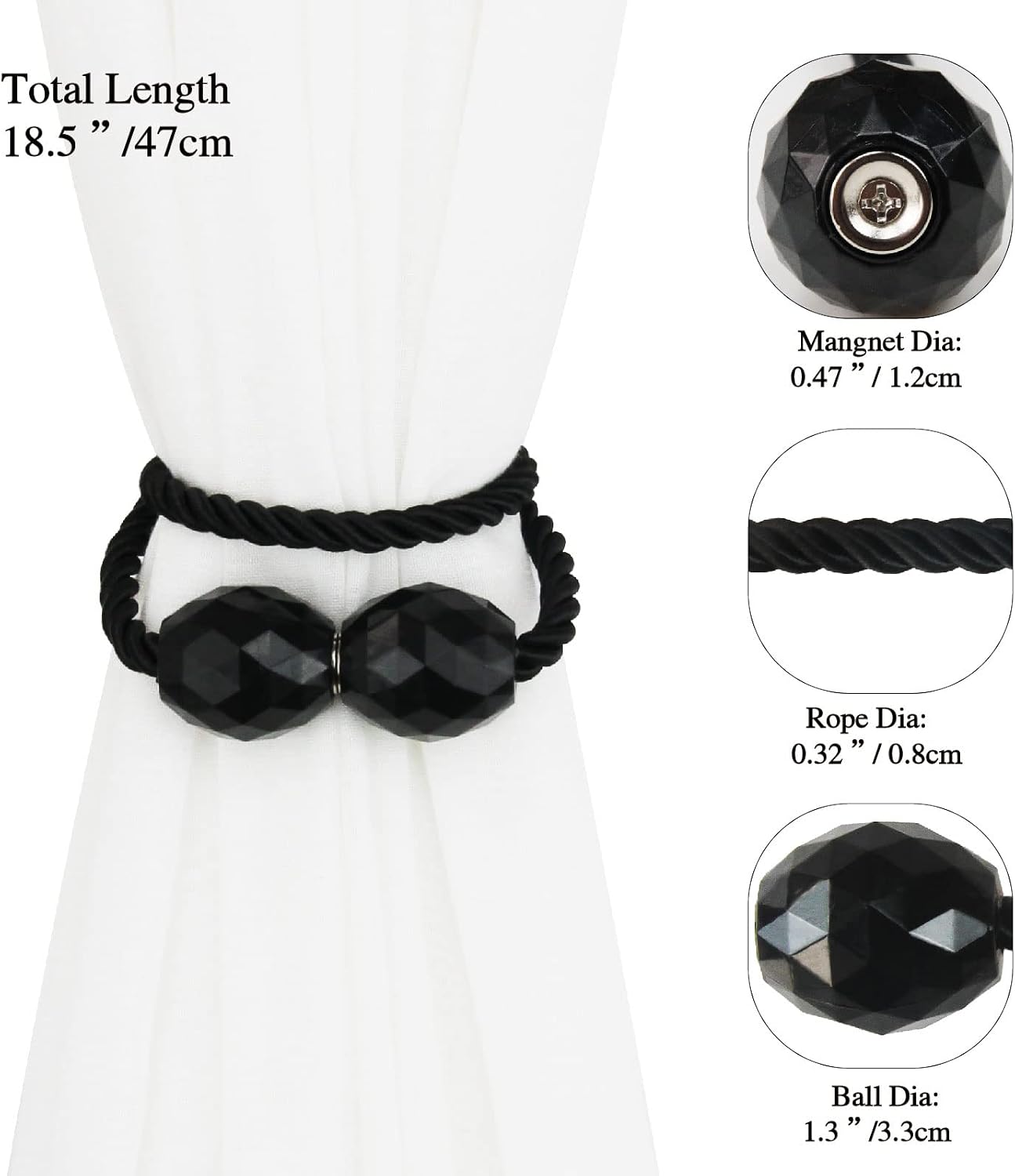 Strong Magnetic Curtain Tiebacks Decorative Rope Tie Backs Holdbacks Porlau | 6 Pack Black Outdoor Curtain Rope