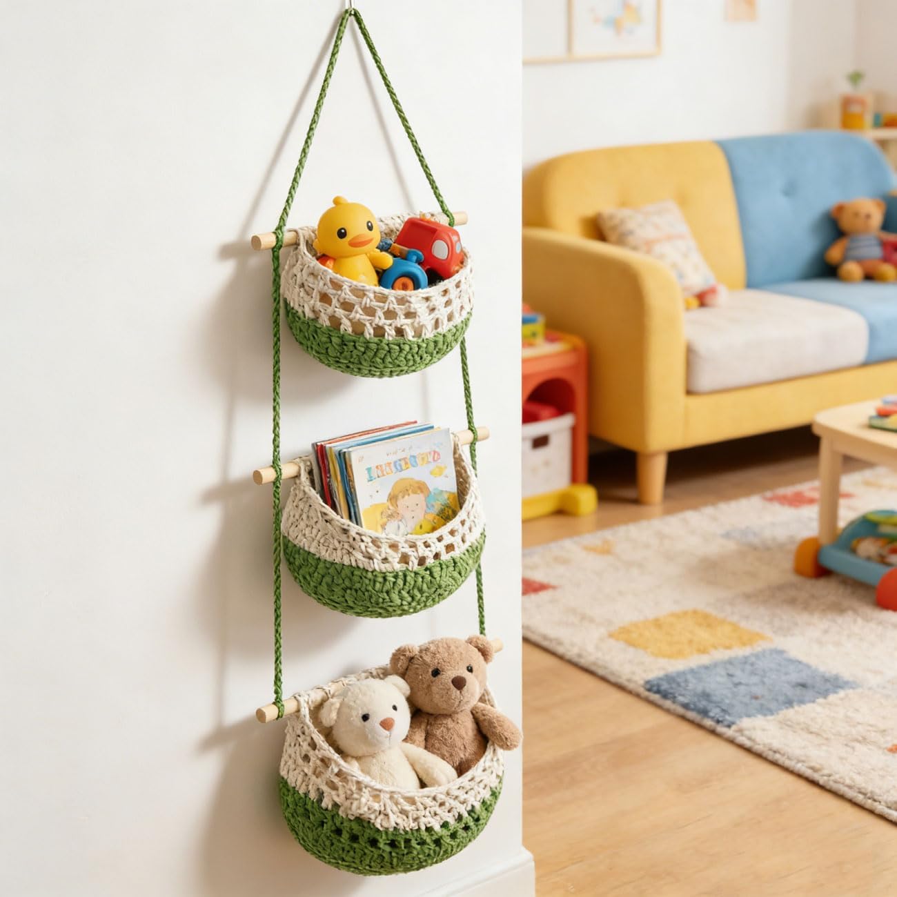 Woven Cotton Hanging Fruit Basket / Green