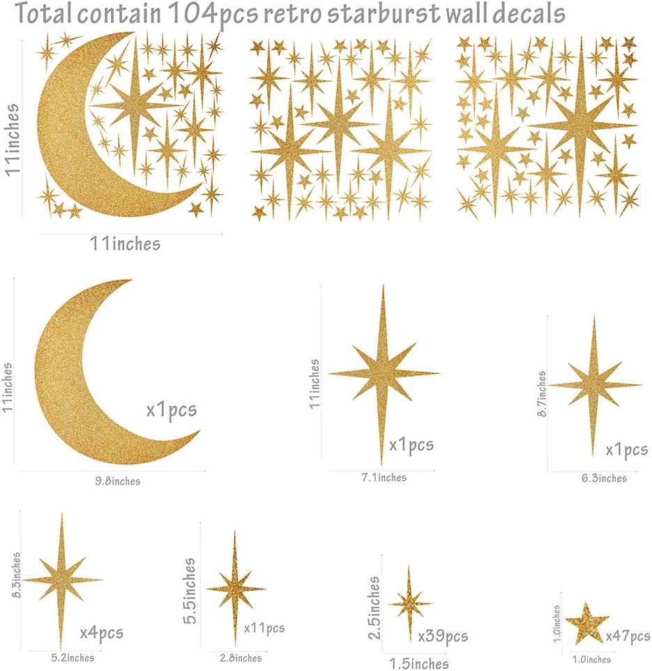 Retro Starburst Wall Decals Stars Wall Stickers Atomic Star Vinyl / Retro Starburst -vintage Gold