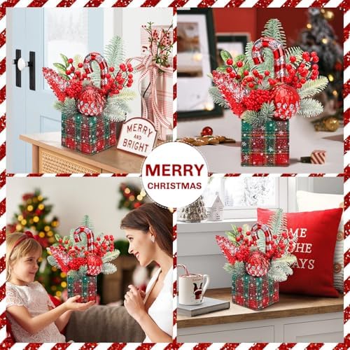 Small Christmas Tree Tabletop Artificial Mini Christmas Tree Decorations with Holiday Ornaments Red Berry Pine Cone Greenery for Home Indoor Fireplace Mantel Xmas Decor (Large-Square-Red)