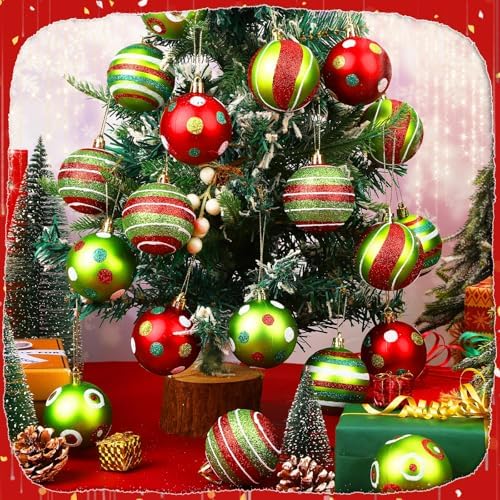 JULMELON 24Pcs Christmas Ornaments for Large Tree, Red and Green Decor