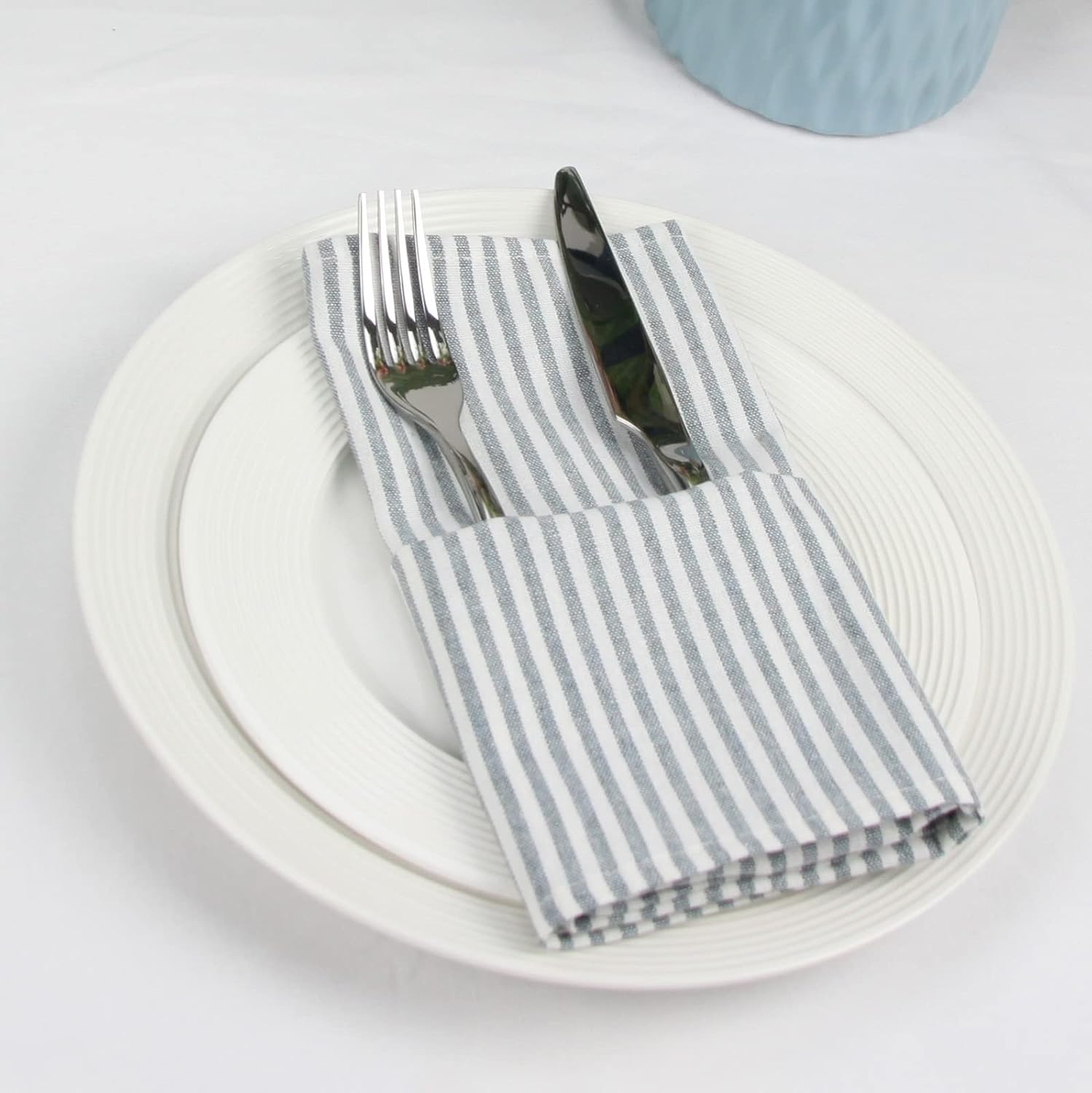 Plain Striped Cotton Linen Blended Dinner Cloth Napkins - Set of 12 (17 x 17 inches) - for Events & Home Use (Ocean)