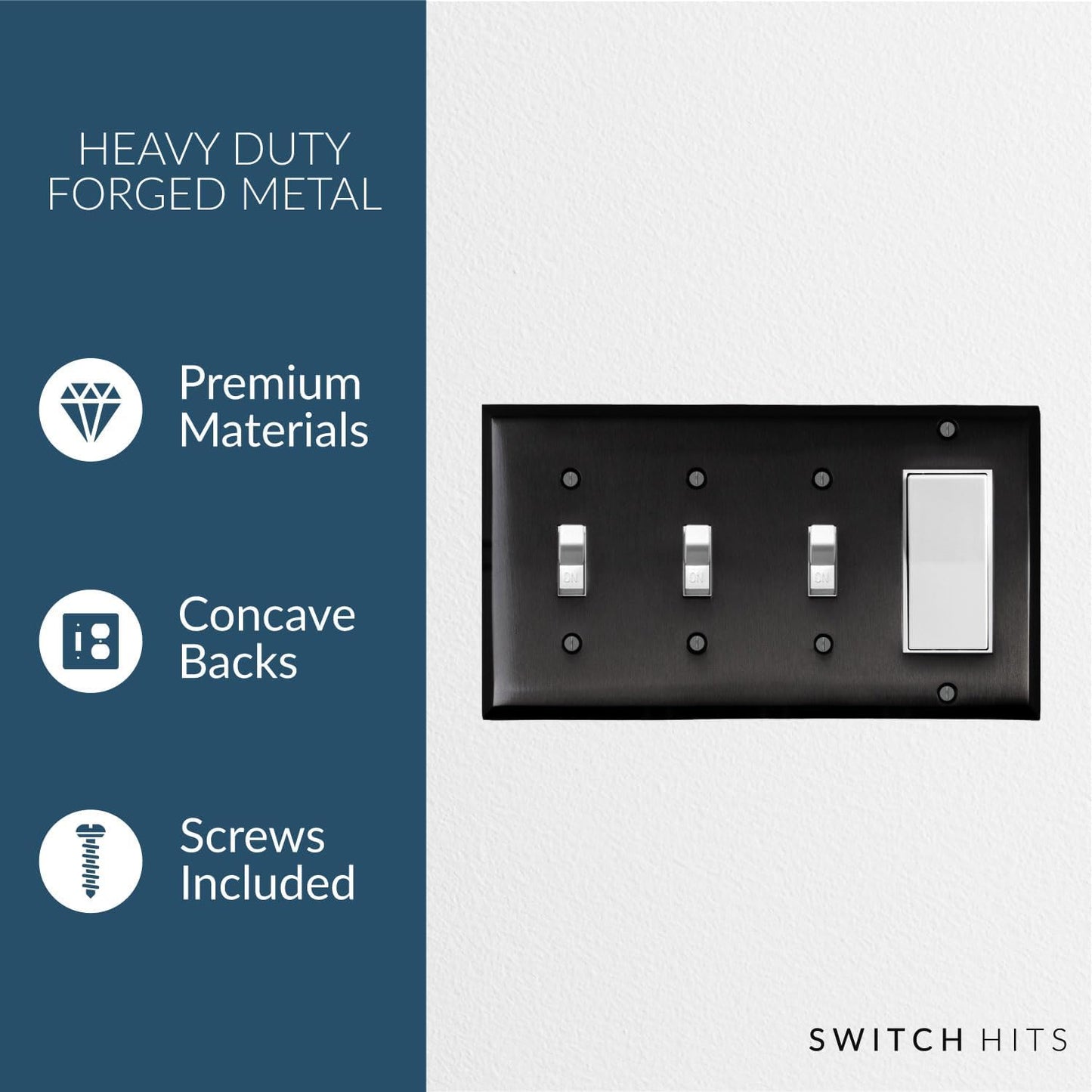 Satin Nickel Black Outlet Wall Plate | 3 Toggle - 1 GFI Rocker | 8.25" x 4.5" | Hand-Polished Brass Construction