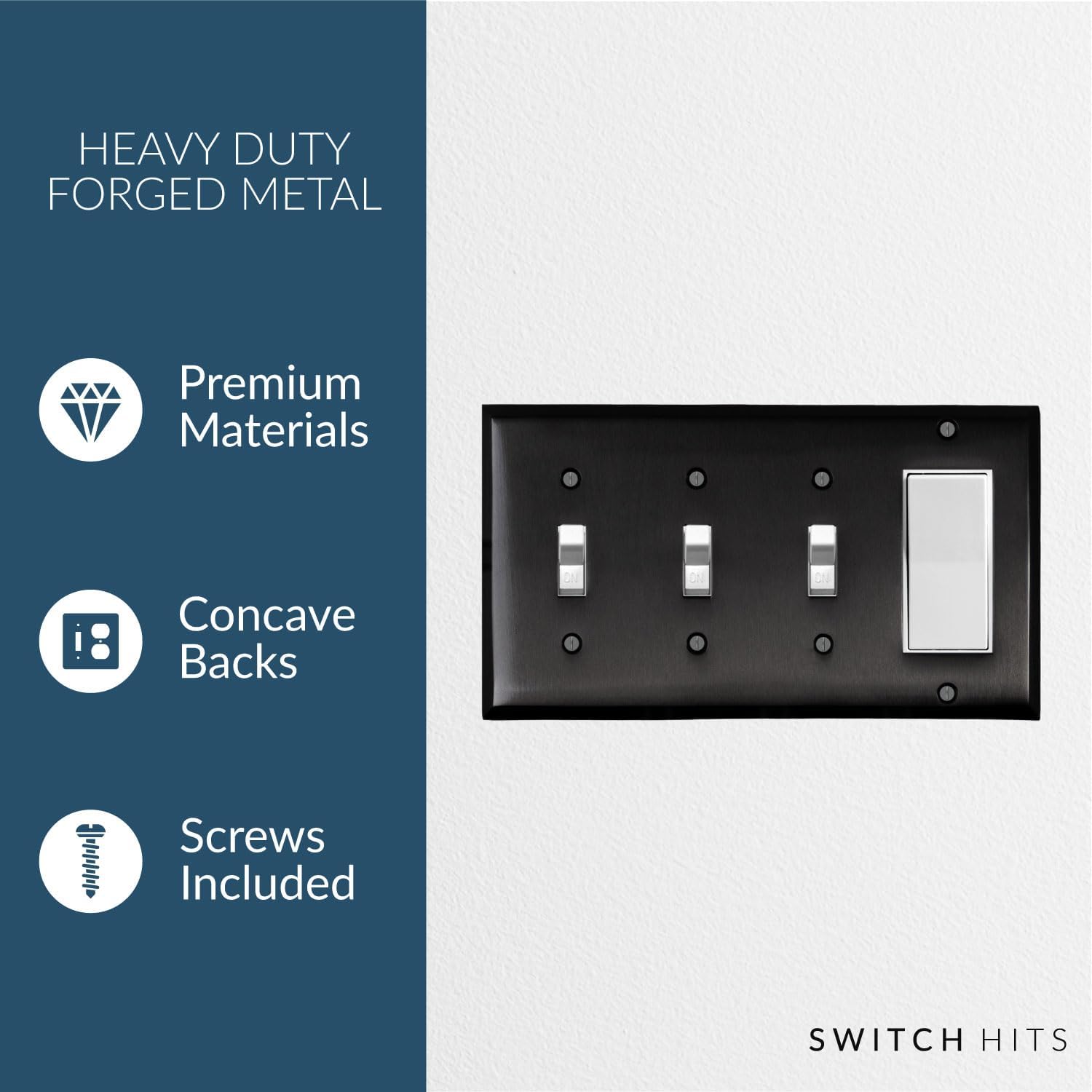 Satin Nickel Black Outlet Wall Plate | 3 Toggle - 1 GFI Rocker | 8.25" x 4.5" | Hand-Polished Brass Construction