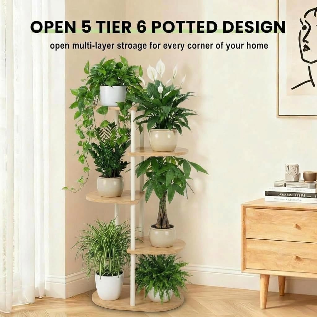 Tiered Plant Stand Indoor, Tall 5 Tier 6 Potted Wooden Plant Shelf for Multiple Flower Plants, Multi Corner Metal Plant