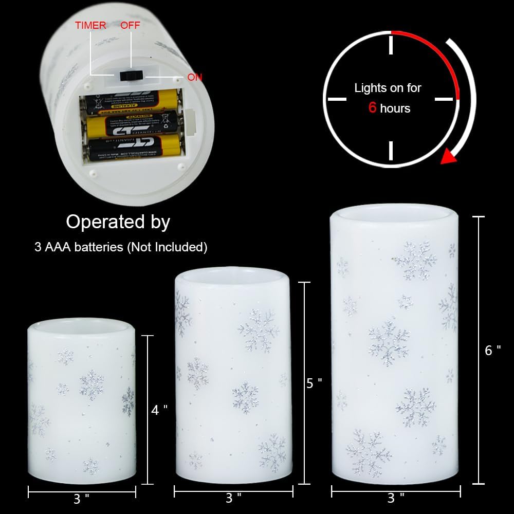 Silver Snowflake Flameless Candles Battery Operated with 6H Timer | LED Pillar Candles Flickering, Real Wax Warm Light