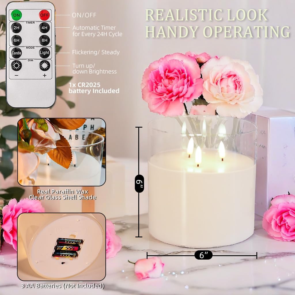NICEME Extra Large 3 Wick Battery Operated Candle, 6"x6" Big Clear Glass Flameless Candles with Remote, Real Wax