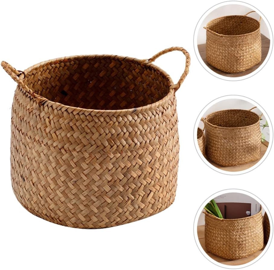 Japanese Style Woven Storage Basket Handles Handcrafted Decorative Organizer for Cosmetics Flower