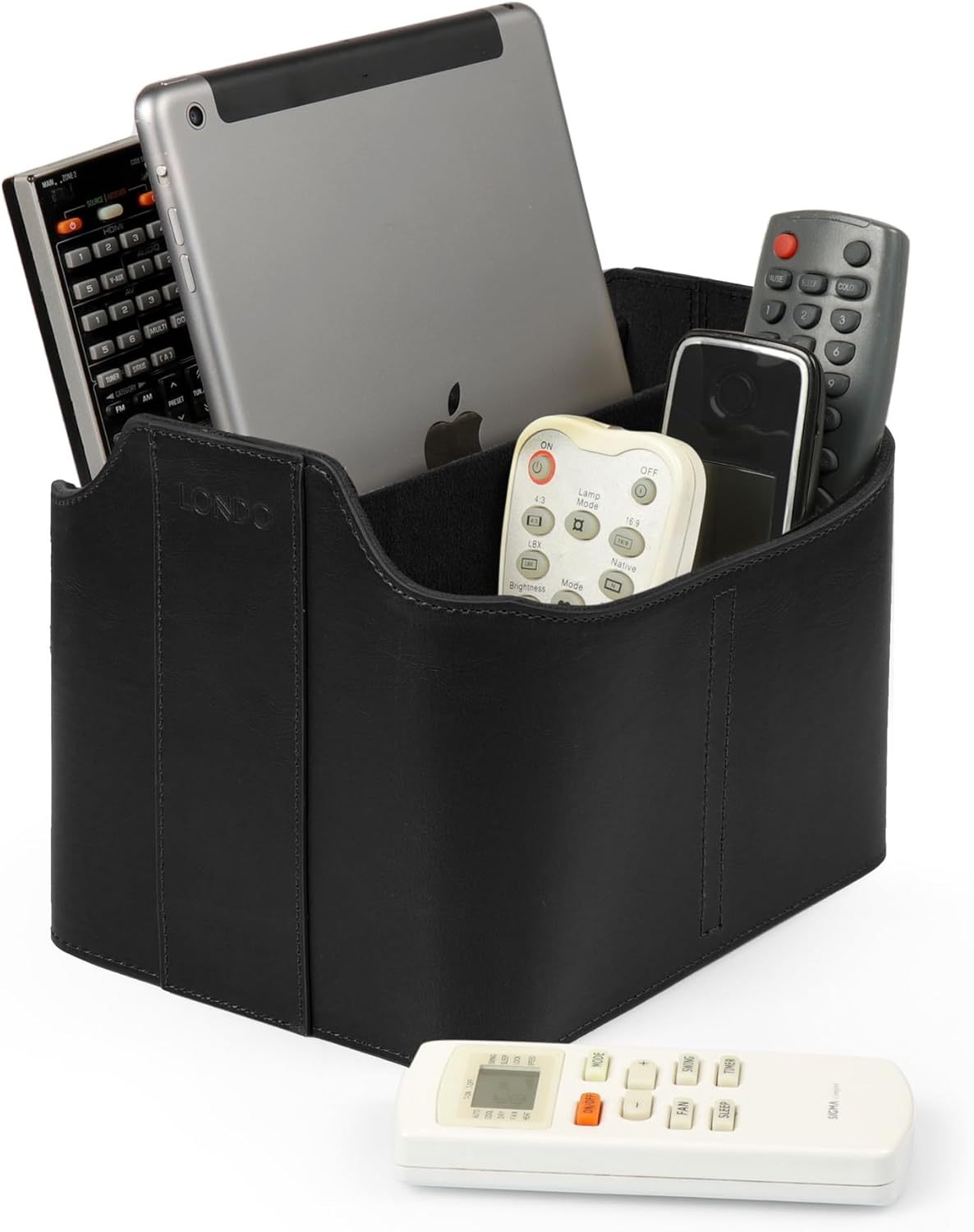 Londo PU Leather Remote Control Holder, Office Supplies Desk Organizer with Tablet Slot, Makeup Brush and Utensils