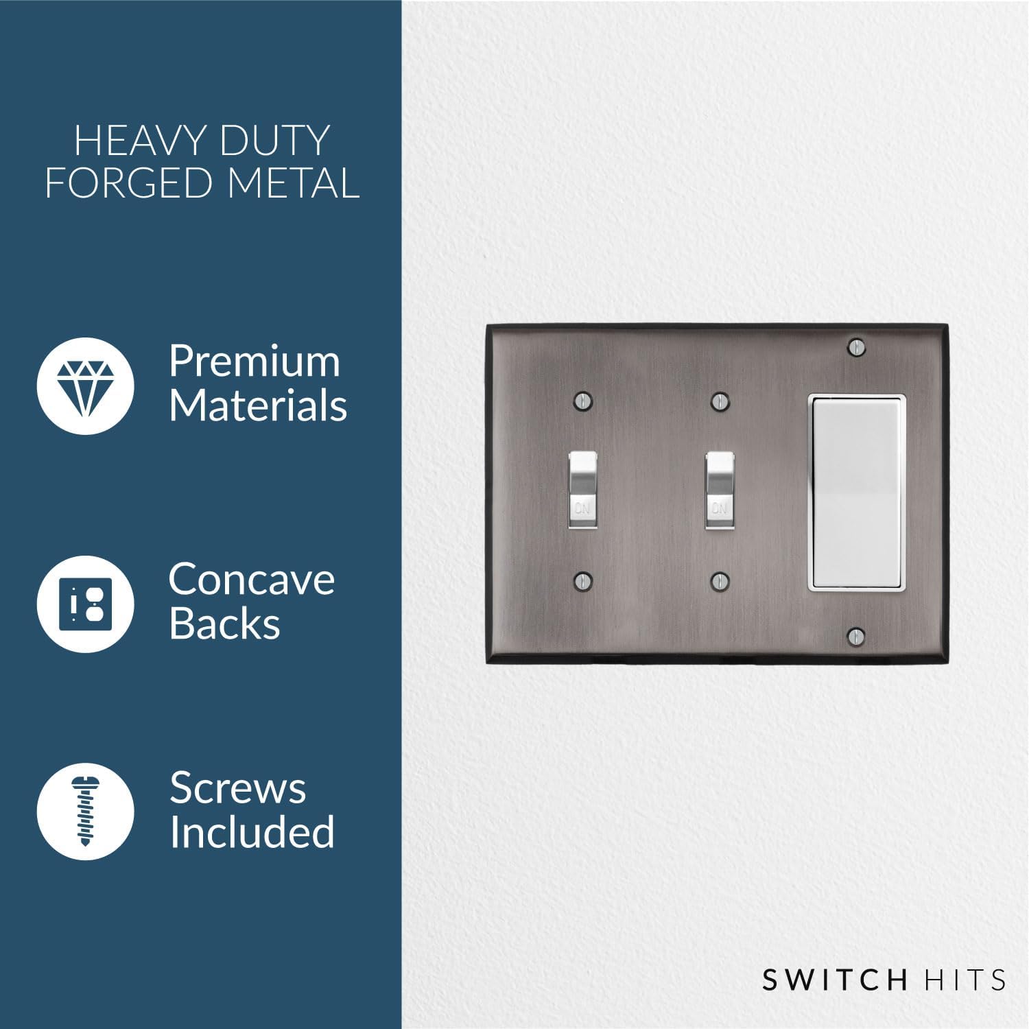 Antique Pewter Outlet Wall Plate | 2 Toggle - 1 GFI Rocker | 6.25" x 4.5" | Hand-Polished Brass Construction