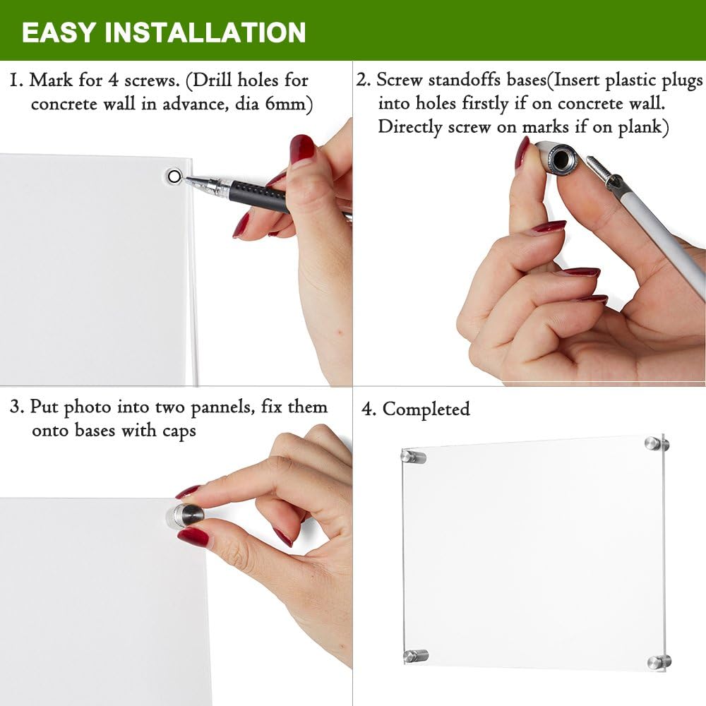 Meetu 8.5x11 Acrylic Picture Frames (4 Pack) -Inner 8x10 Wall Mount Photo Frame Frameless Clear Floating Frame for