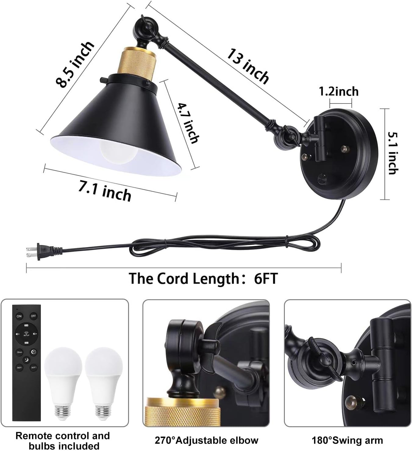TRLIFE Dimmable Wall Sconce with Remote Control, Plug in Wall Sconces Dimming 10%-100% and Adjustable Color Temperature