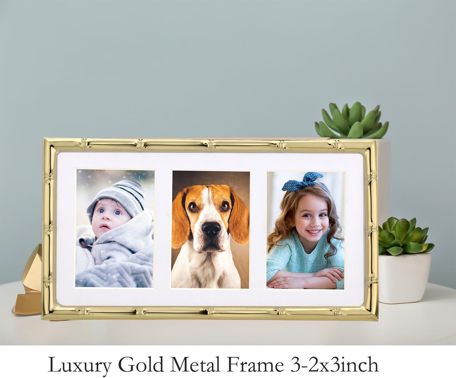 YiPinYin Gold 3-2x3'' Multi Bamboo Detail Designs Metal Picture Frame 3 Section Frame 2pack,Baby Nurse frames With Soft