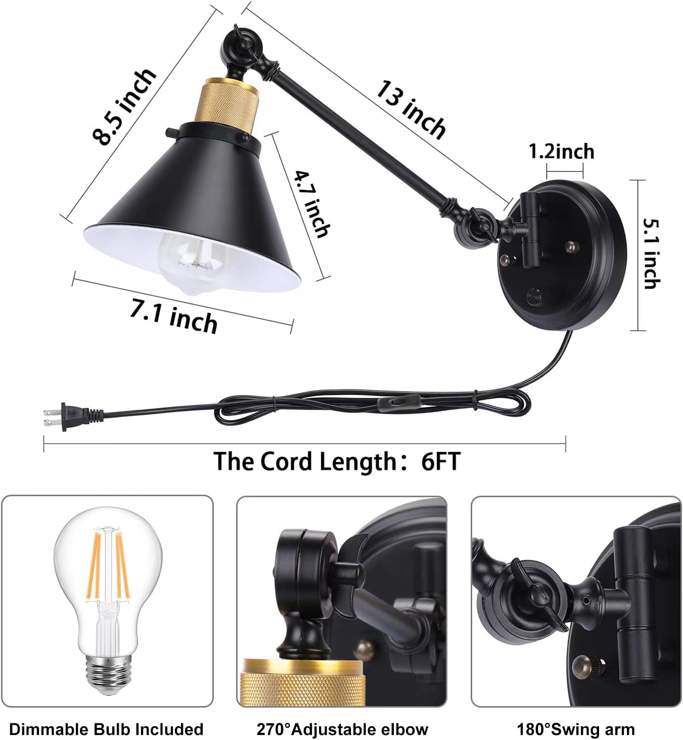 TRLIFE Wall Sconce Plug in, Dimmable Wall Sconces Swing Arm Wall Lights with Plug in Cord, Wall Mounted Light with