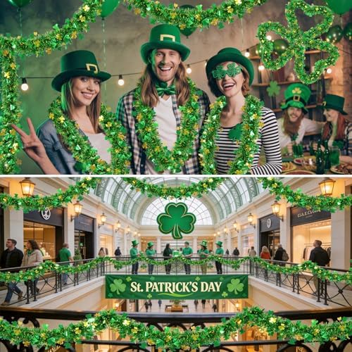 St Patrick's Day Tinsel Garland 33FT Gold Green Shamrock Hat Tinsel Garland Shiny Clover Metallic Hanging Decoration Irish Shamrock Garlands for Home Indoor Outdoor St Patrick Irish Home Decor