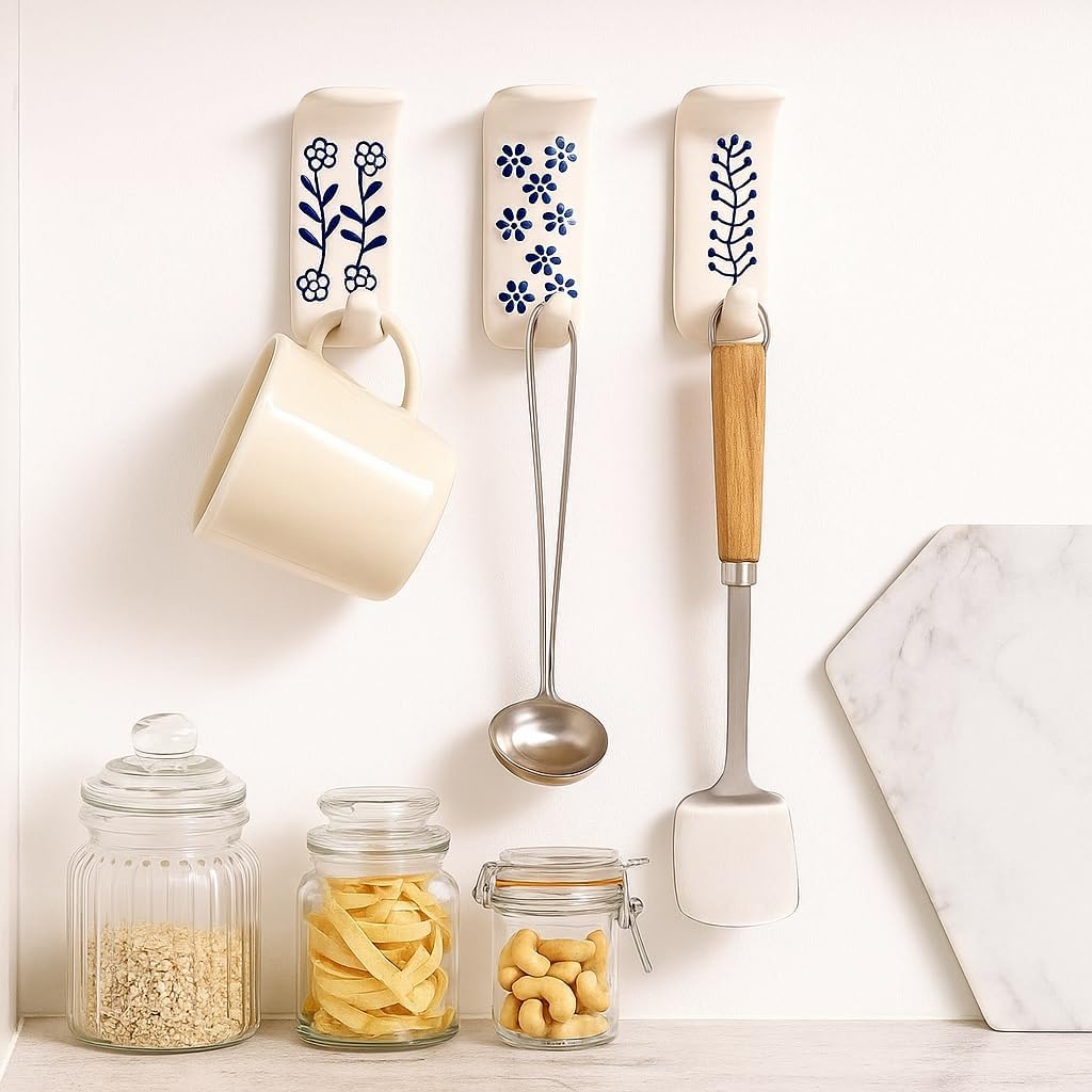 Boho Ceramic Adhesive Wall Hooks / White & Blue Style 4