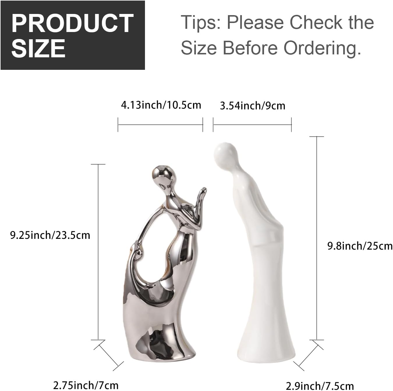 Ceramic Couple Statues Home Decor Lover Sculpture Figurine / White and Silver
