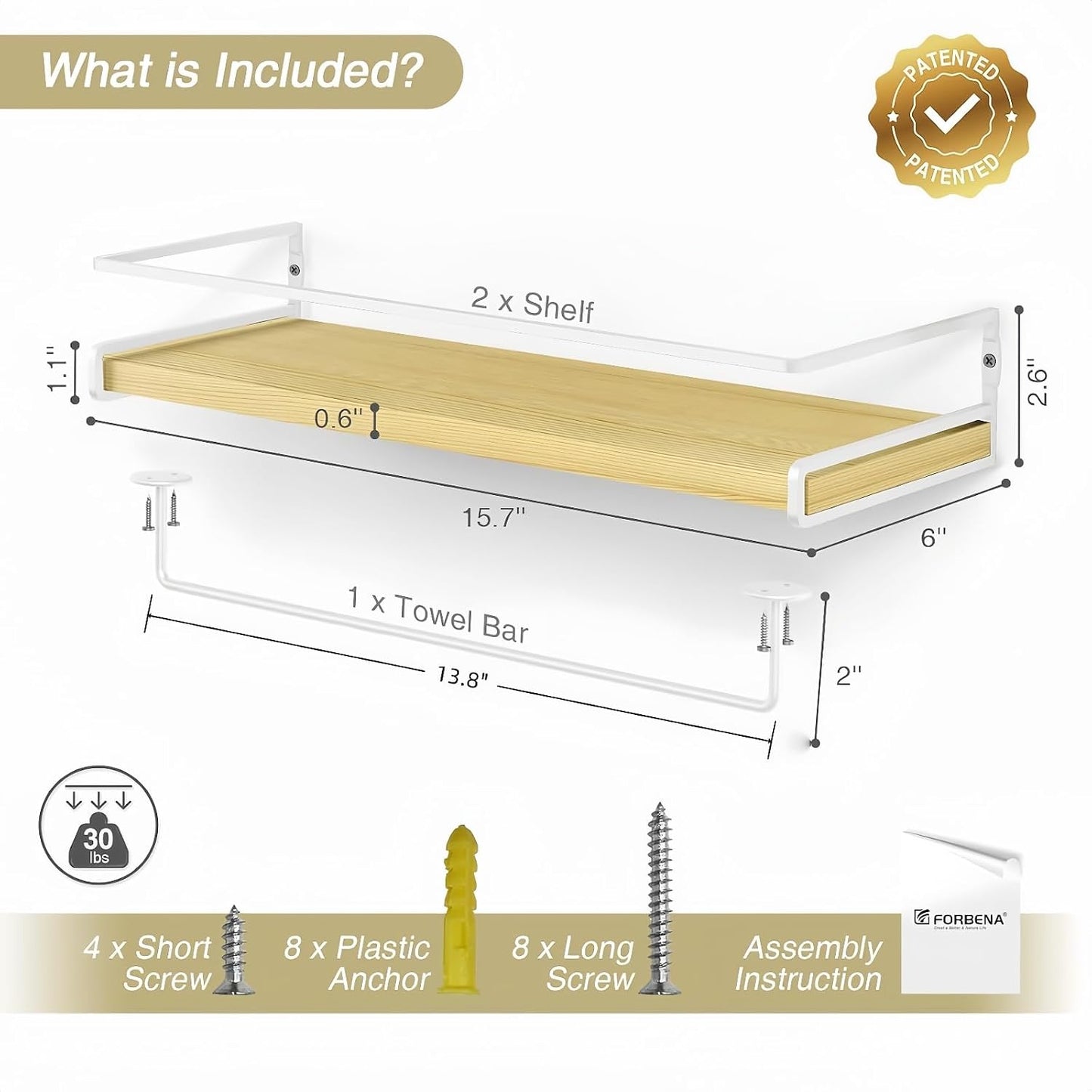 Forbena Floating Shelves for Wall with Rail, White and Natural Wood Nursery Book Shelves for Baby Girls Boys Kids Room