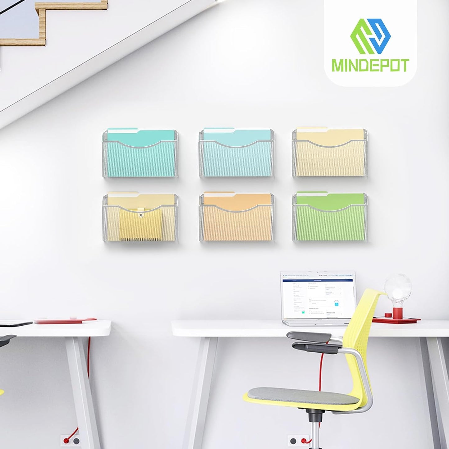 MINDEPOT Wall File Organizer, Hanging Wall File Holder, 6 Pack, Silver | Heavy Duty Iron, Metal Mesh Wall Mount, Single
