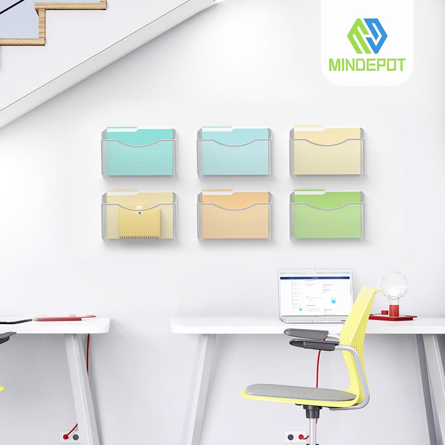 MINDEPOT Wall File Organizer, Hanging Wall File Holder, 6 Pack, Silver | Heavy Duty Iron, Metal Mesh Wall Mount, Single