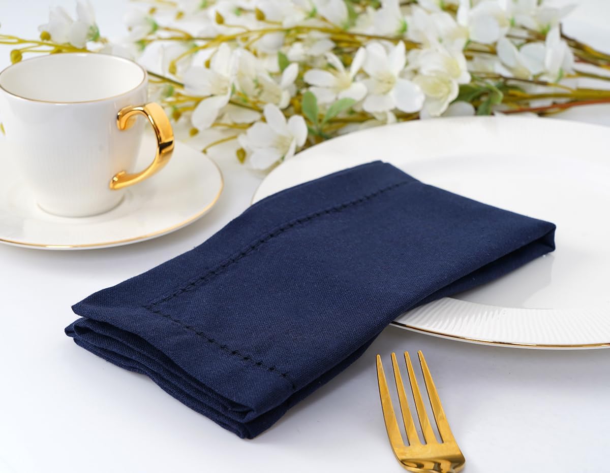 Blue Needles Navy Blue Hemstitch Linen Napkins Set of 12-100% Cotton Cloth Dinner Napkins 18x18 inches, Soft, Reusable