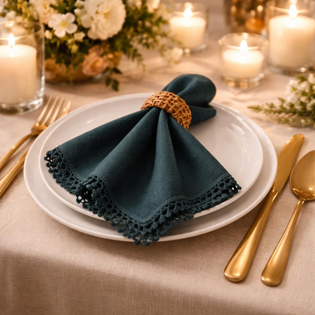 Bedding Craft Cotton Cloth Dinner Napkins Set of 12 – 18x18 Magical Forest with Decorative Lace Selvedge – Elegant