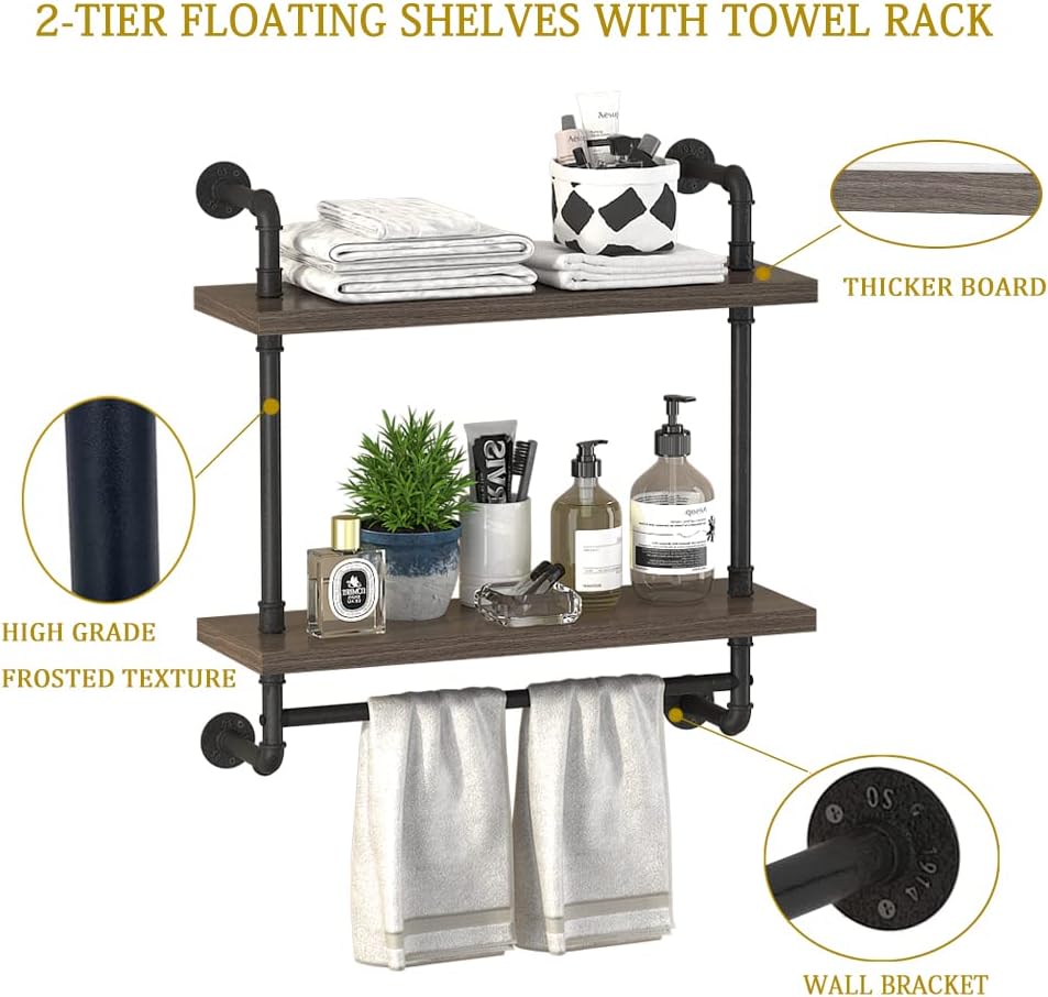 Helsin 2 Tier Wood Floating Shelves Towel Rack, Industrial Pipe Bathroom Shelves Wall Mounted with Towel bar, Wall