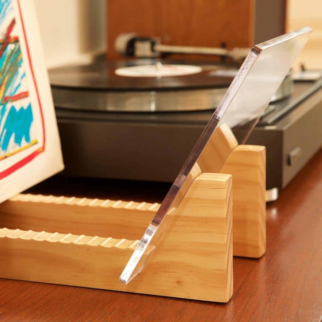 Vinyl Record Storage Holder - Solid Wood with Crystal Clear Acrylic Holder - Premium Design, Perfect 12" LPs or 7"
