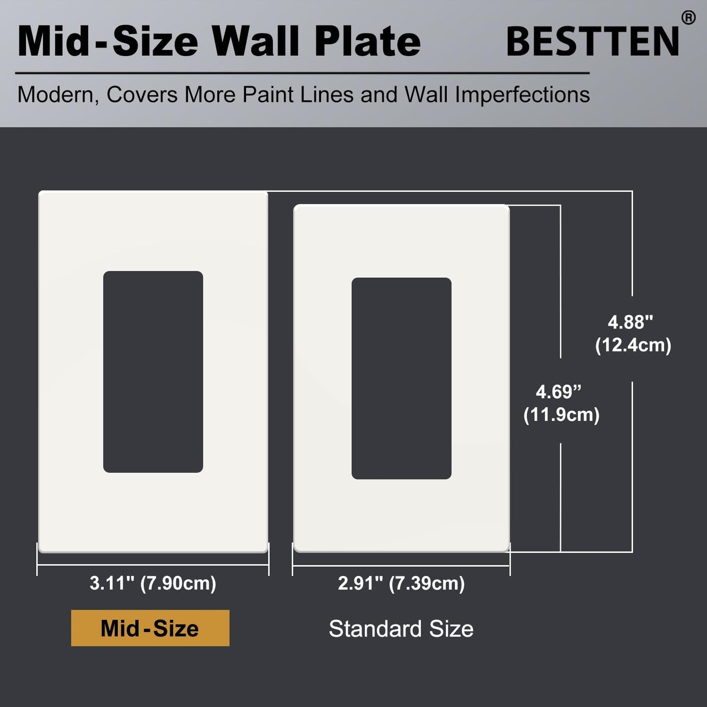 BESTTEN [20 Pack] 1 Gang Screwless Decorator Wall Plate, Midsize Switch Plate, Midway Receptacle Outlet Cover, USWP4