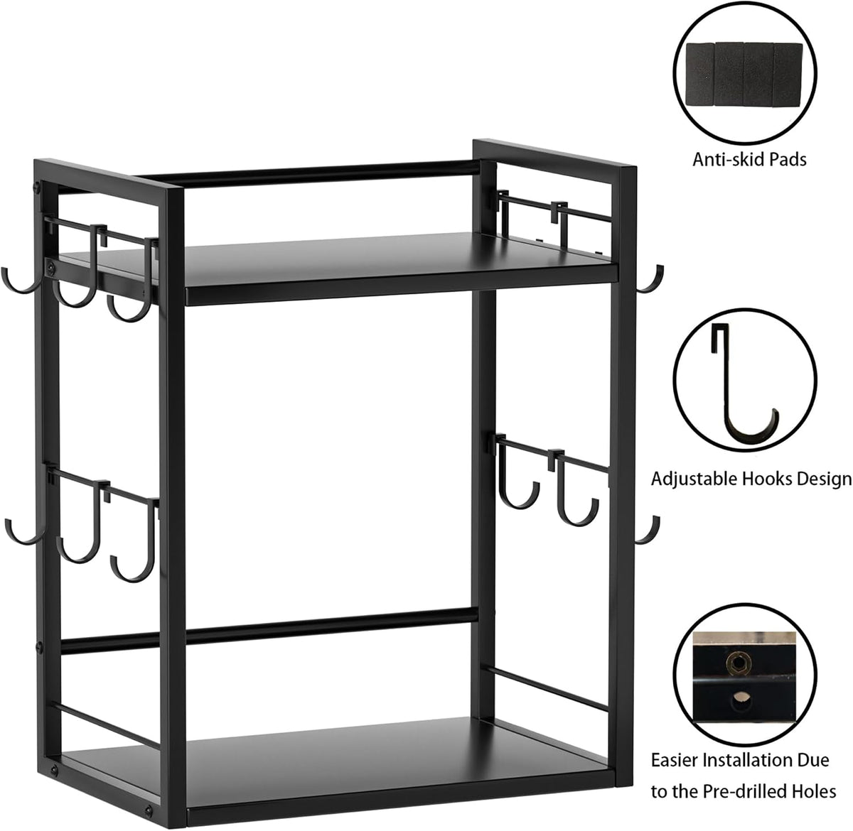 Dorhors Coffee Bar Organizer,Mug Holder,Station Organizer Kitchen Counter | 2 Tier Black Wood Coffee Bar Accessories