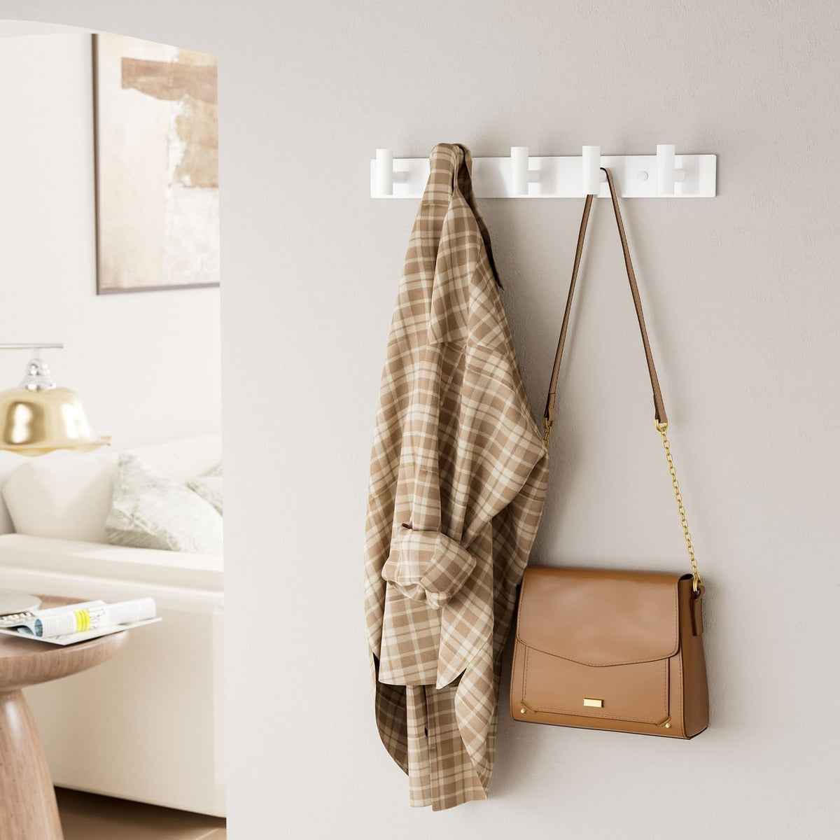 White Wall Mounted Coat Rack – 5 T-Shaped Hooks on 16.5" Rail, (2 Pack) | for Hanging Hats, Bags & Towels, Heavy-Duty