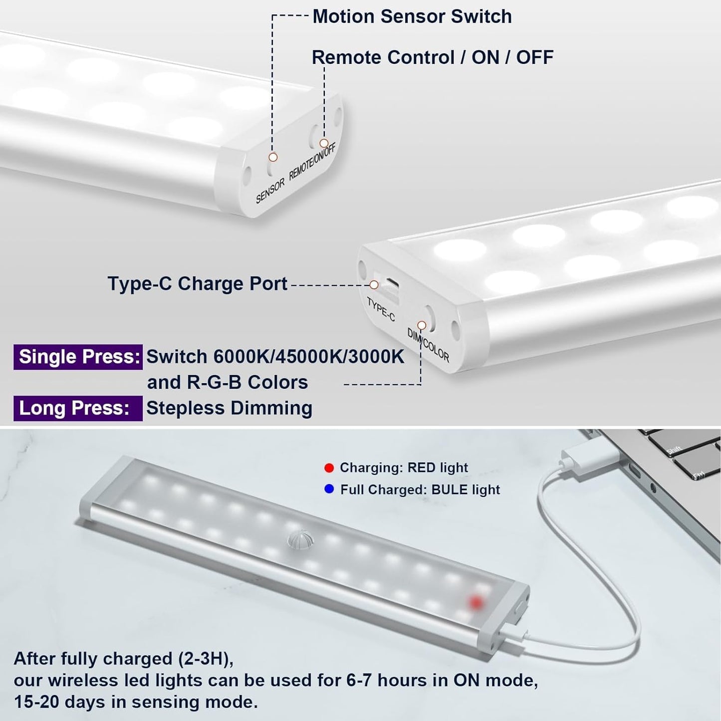 Under Cabinet Lights Wireless, 58-LED Rechargeable Motion Sensor Closet Lights with Remote Control, RGB Color Changing