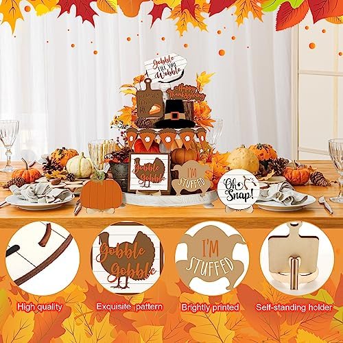 Tradder 13 Pcs Thanksgiving Tiered Tray Decor Fall Farmhouse Wood Signs