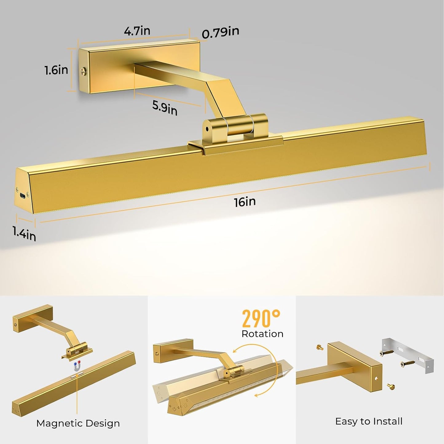 Picture Lights for Wall Battery Operated Picture Light 16in Art Light CCT | Recharging Battery Dimmable Wall Light with