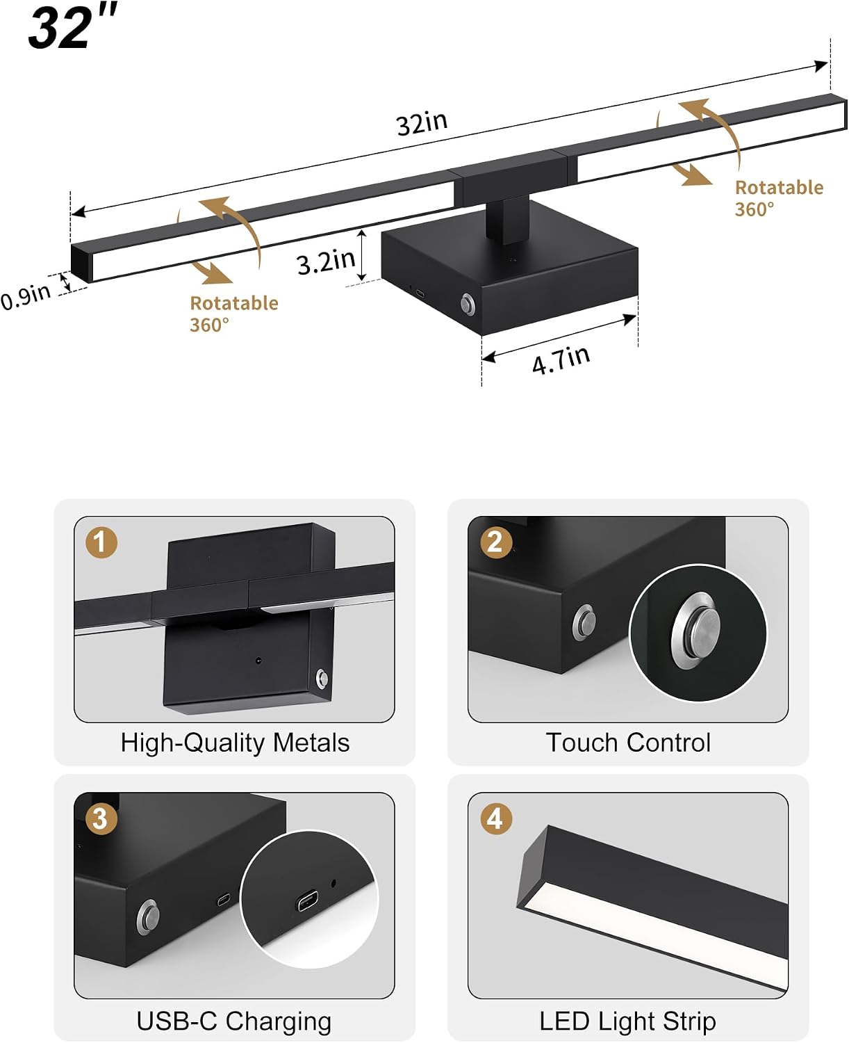 Rayogale 32 Inch Battery Operated Wall Sconces with Remote Control | 3000K-6000K Dimmable Black Wireless Rechargeable