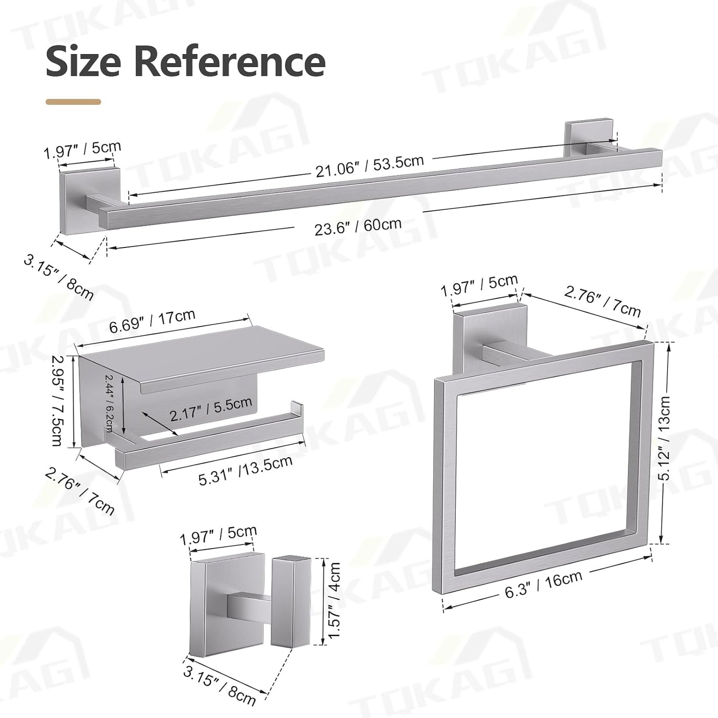 TQKAG 5-Pieces Brushed Nickel Bathroom Hardware Accessories Set 23.6" SUS304 Stainless Steel Towel Bar Set Wall Mounted