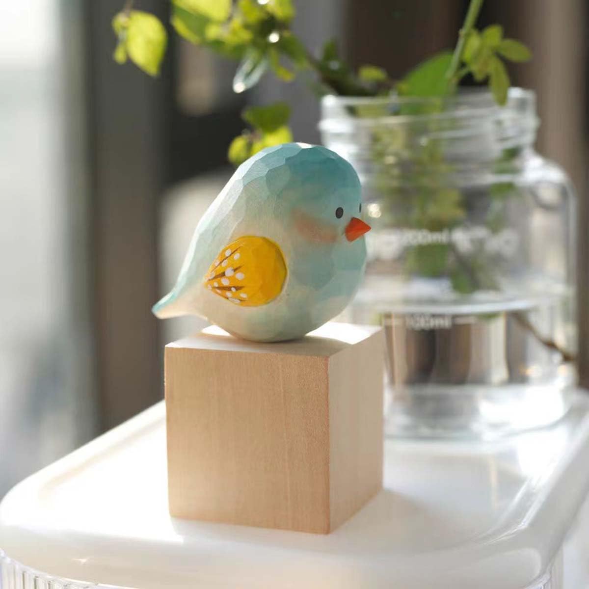 Bird Figurines Small Bird Figurines Home Decor Hand Carved Painted Wooden Statues / Blue and White