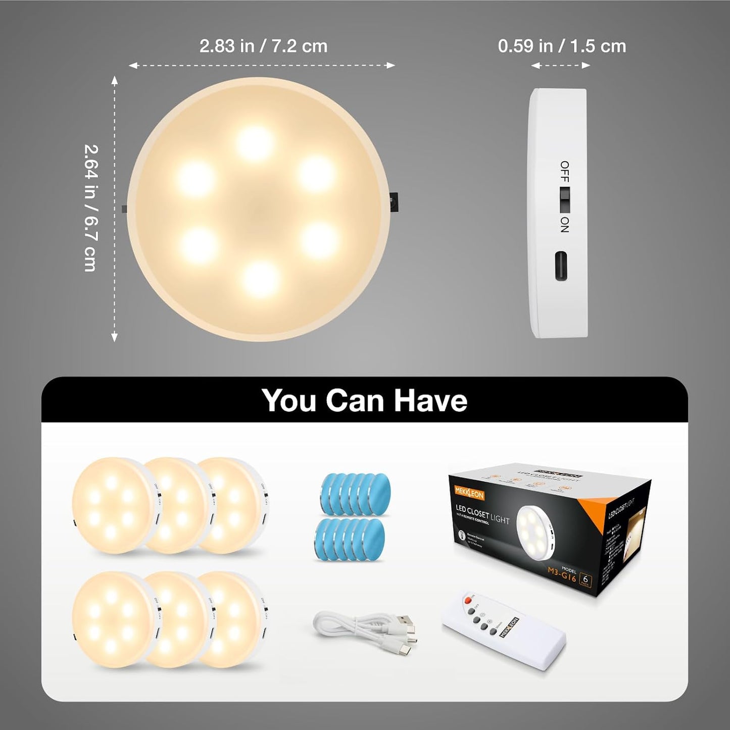 Puck Lights with Remote Control,Under Cabinet Lighting,Warm White,6 pcs | Stick On Lights,Magnetic,Cordless,1200mAh