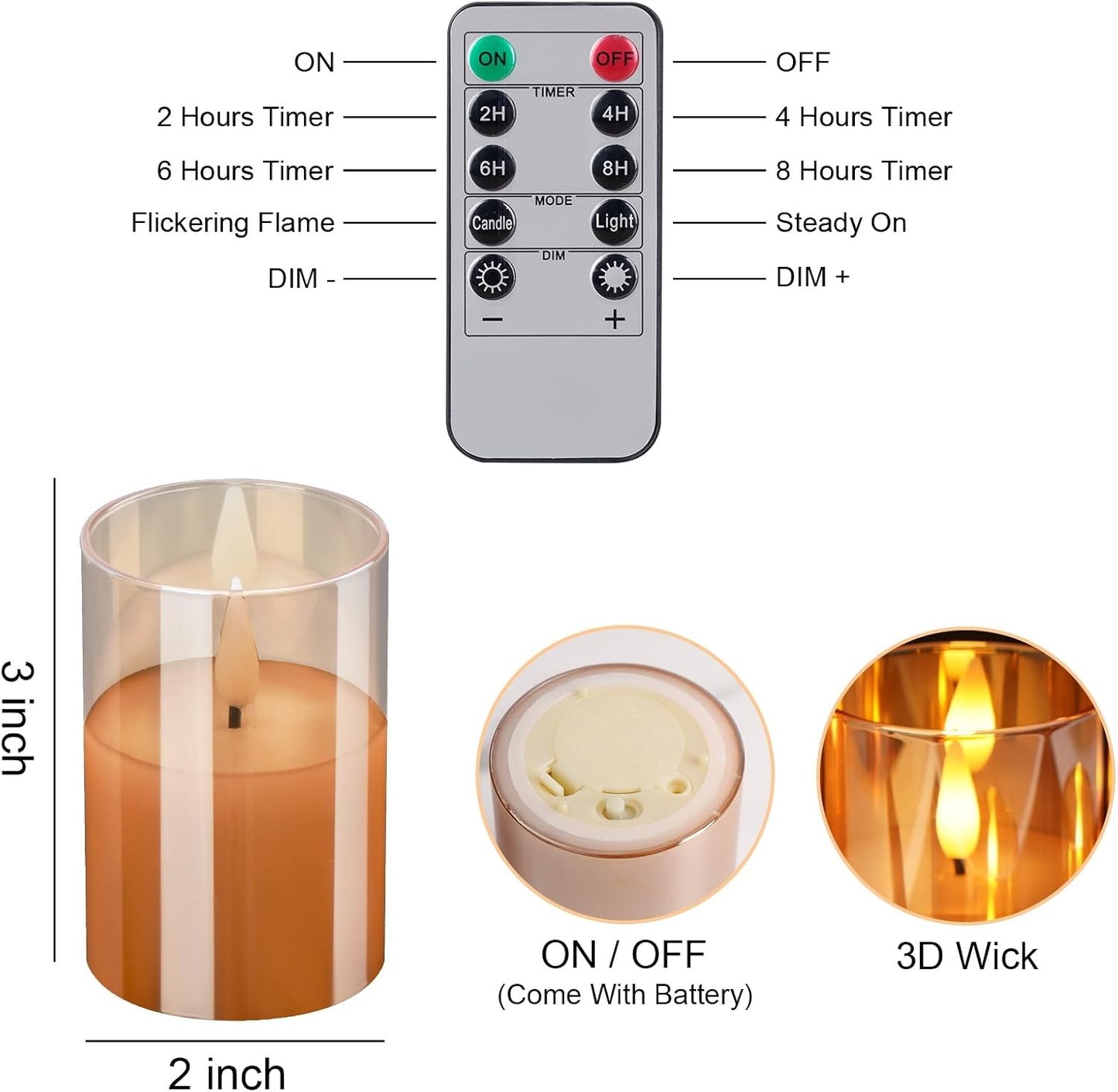 Glass Flameless Votive Candles with Remote, Battery Operated, 6Pack Gold | 2x3" Glass & Real Wax, 2/4/6/8H Timers, 2