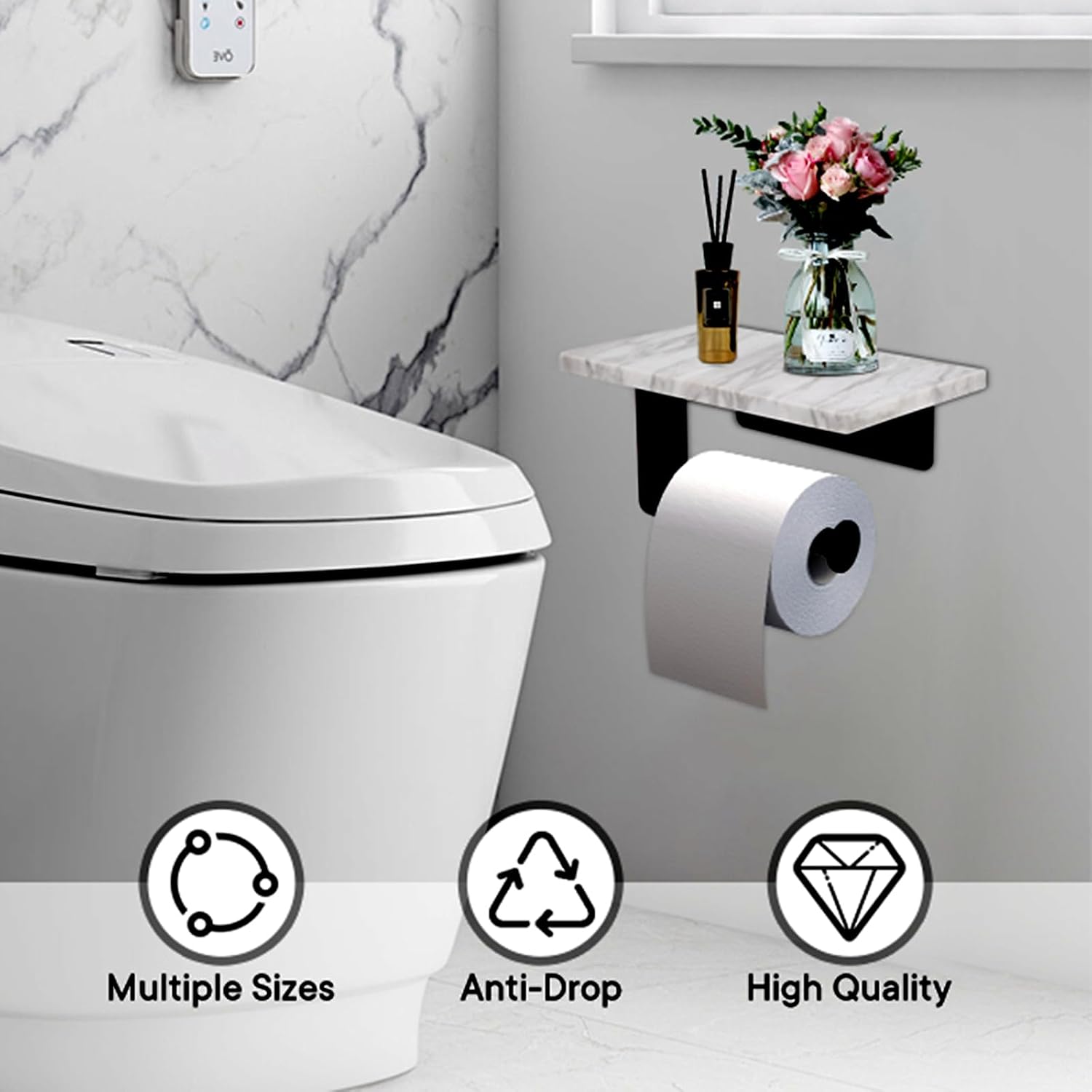 Toilet Paper Holder with Natural Marble Shelf for Bathroom Washroom,Wall Mounted Tissue Holder Suitable for Mega