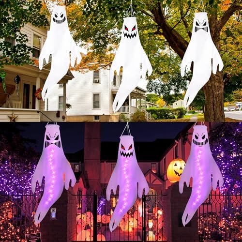 Geefuun 3PCS Purple Halloween Fierce Ghost Windsocks Hanging Decorations - 43 Inch Flag Wind Socks for Home Yard Outdoor Decor Party Supplies (Batteries Not Included,No Timer)