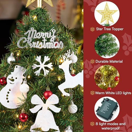 JOIEDOMI 24"/2FT Small Christmas Tree with Lights, Table Top Christmas Decor with Tree Skirt, Star Treetop and Ornaments, Battery Operated Pre-lit Artificial Xmas Tabletop for Xmas Decorations Indoor