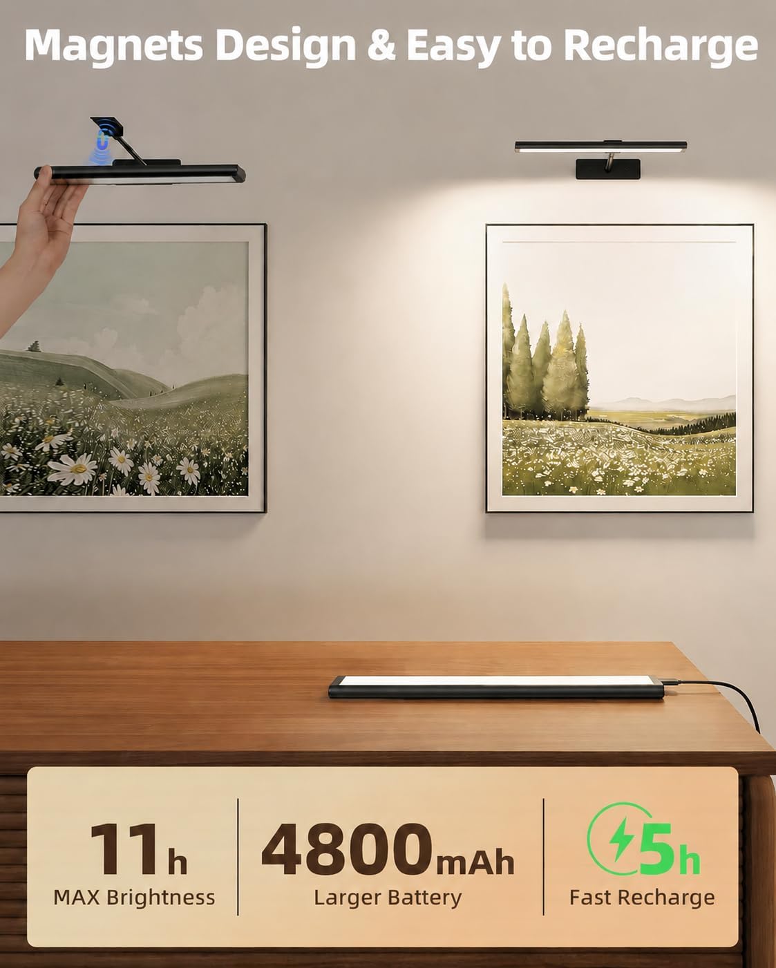 EZVALO Picture Light for Wall, 13'' Black Rechargeable 4800mAh Battery Lights Wireless with IR Remote, Magnetic LED Art