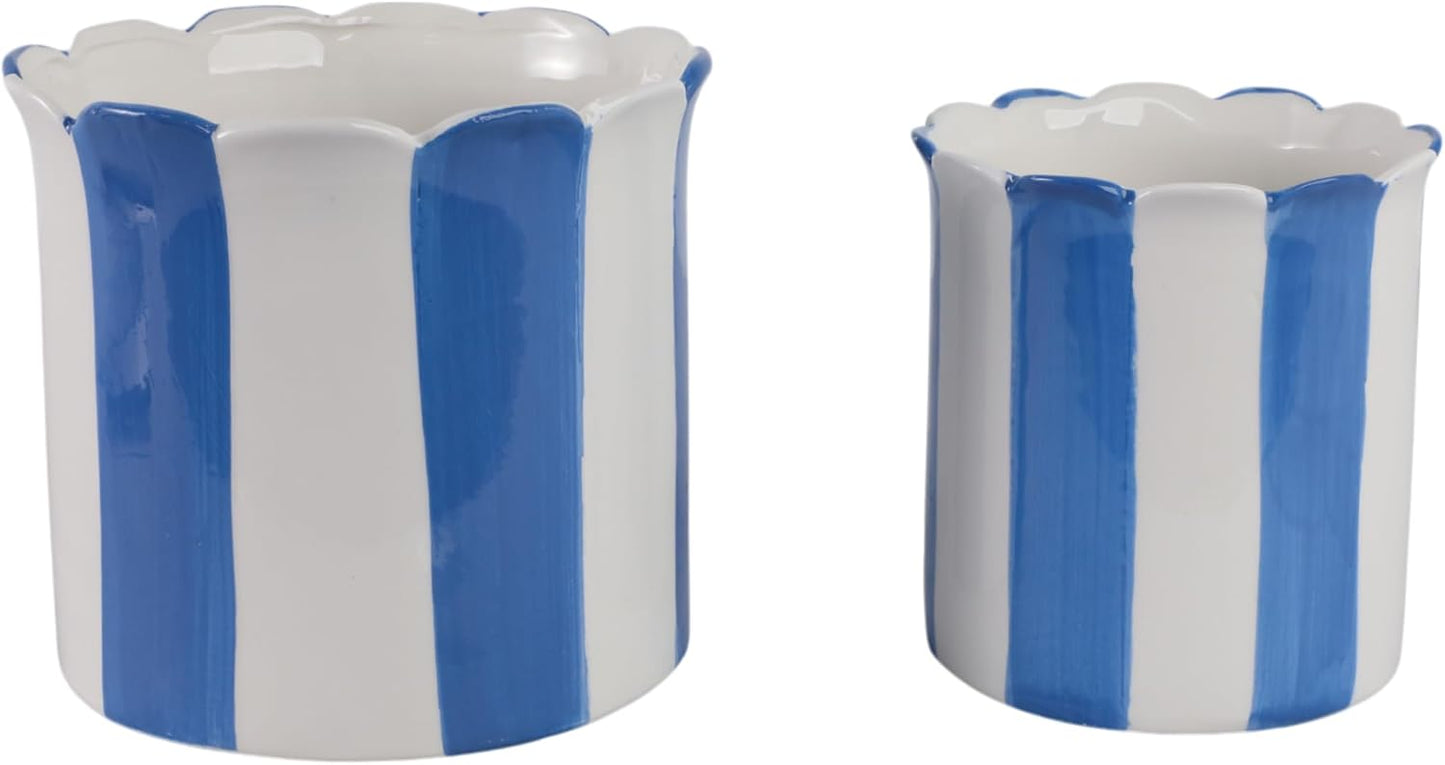 Flower Pots / Decorative Striped Scallop Edge Planters Accent / 7 Inches / Blue