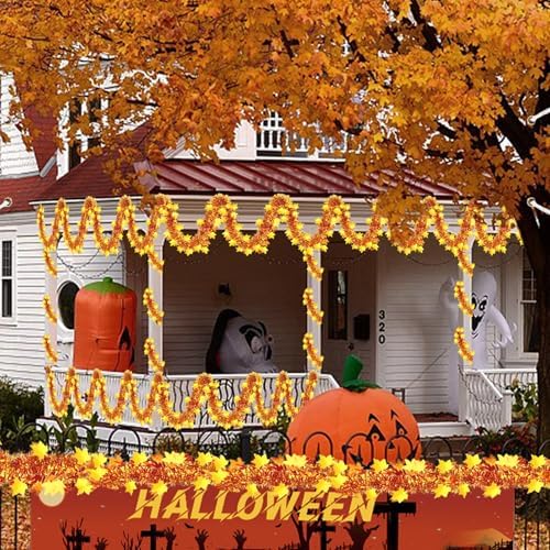 33Ft Thanksgiving Fall Tinsel Garland Shiny Hanging Gold Maple Leaf Metallic Twist Garland Autumn Decor for Fall Party Door Tree Garlands Decorations - (Gold)