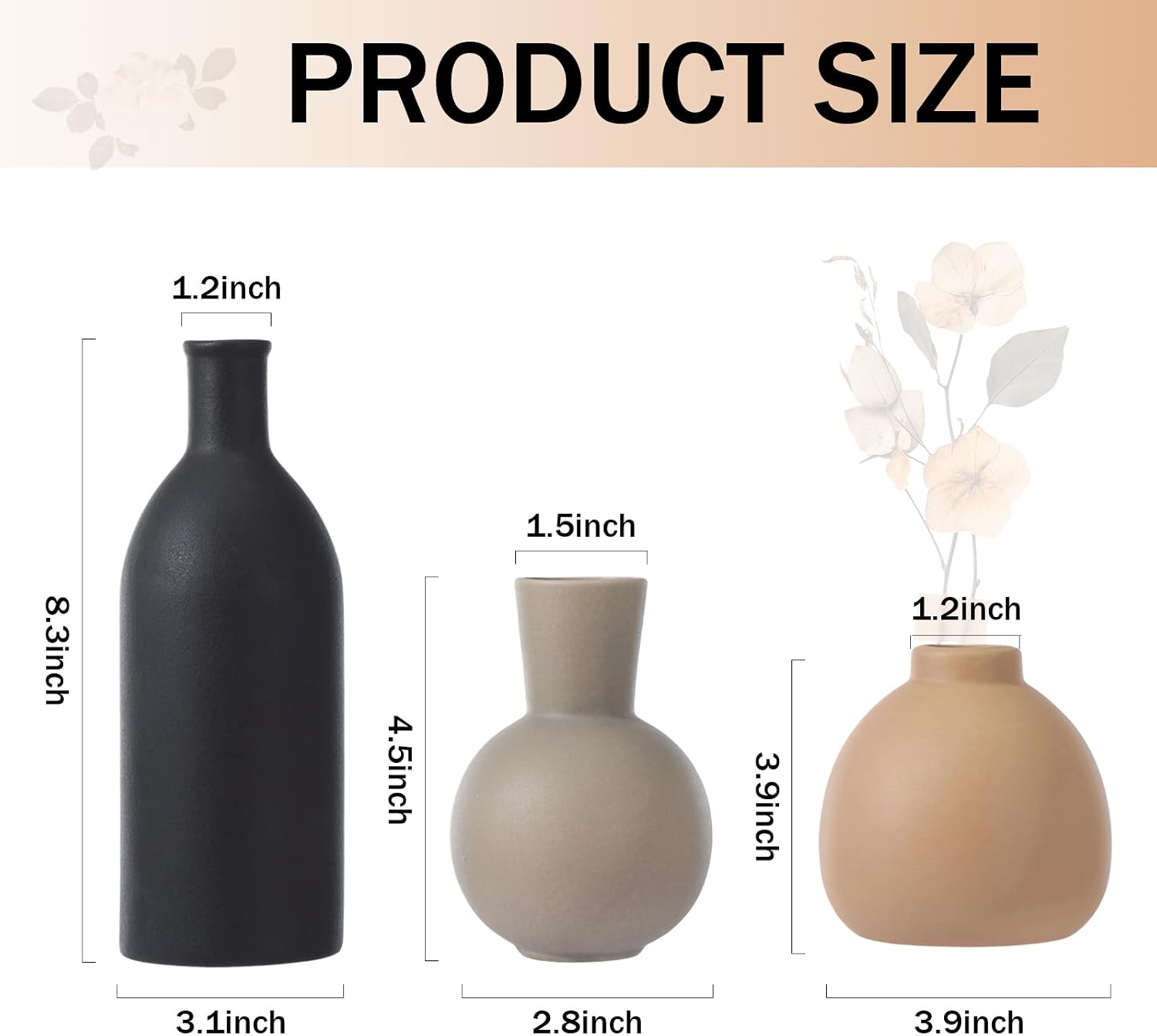 Ceramic Vase and Link Wood Knot Decor Coffee Table Decoration Boho Rustic Pottery / Black / Set of 5
