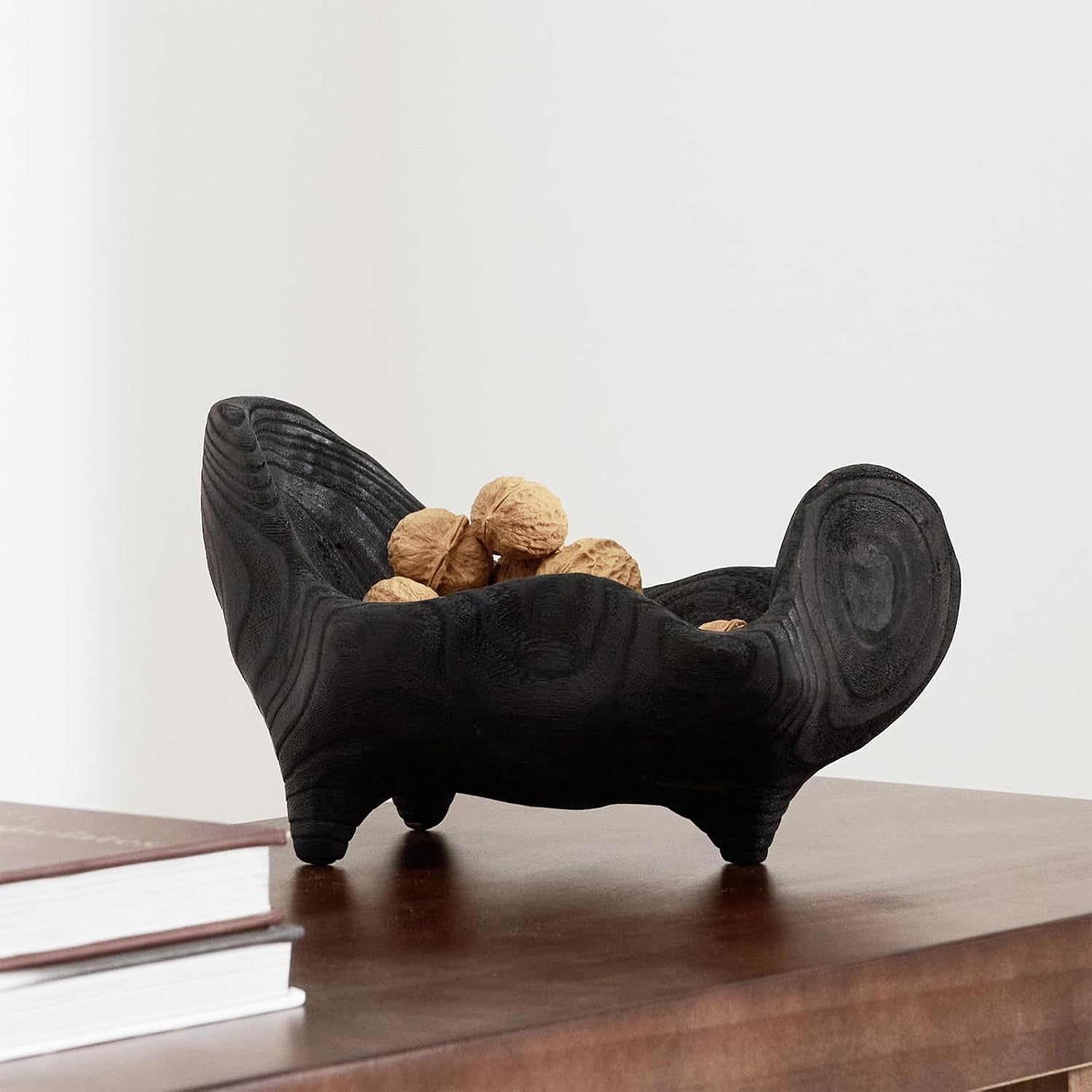 Oak Wood Black Decorative Bowl- Small Bowl for Entryway Key / Black with Feet / 9.25 x 5.51