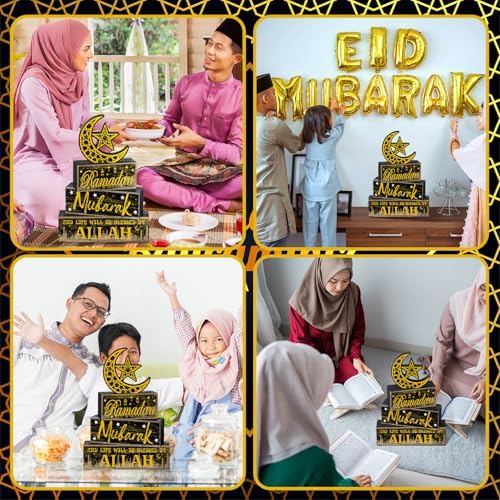 Moucuny 4 Pcs Ramadan Mubarak Wooden Block Signs, Farmhouse Table Decor